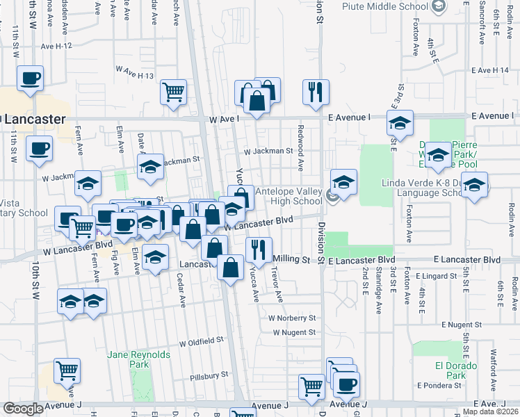 map of restaurants, bars, coffee shops, grocery stores, and more near 44923 Trevor Avenue in Lancaster