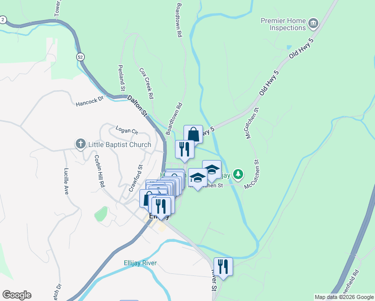 map of restaurants, bars, coffee shops, grocery stores, and more near 385 North Main Street in Ellijay