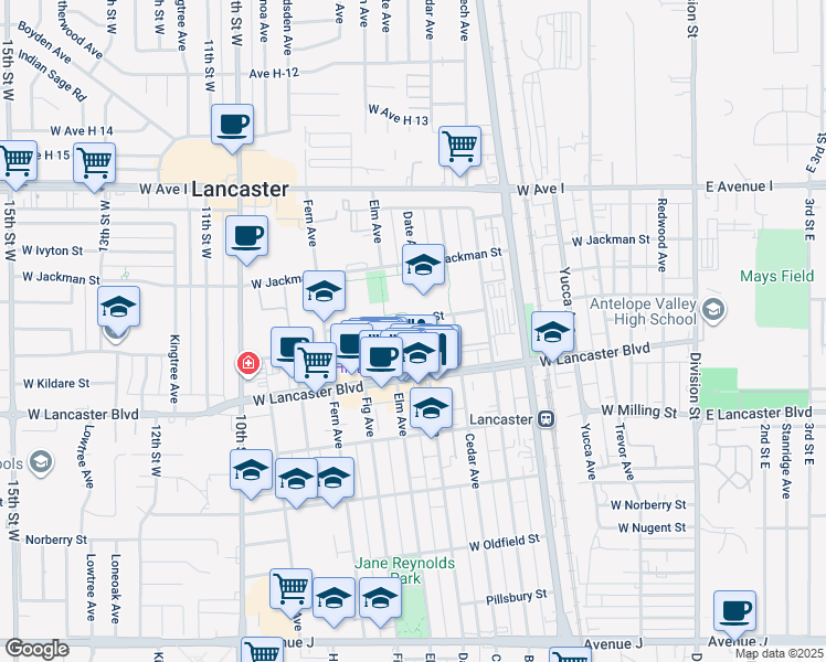 map of restaurants, bars, coffee shops, grocery stores, and more near 44947 Date Avenue in Lancaster