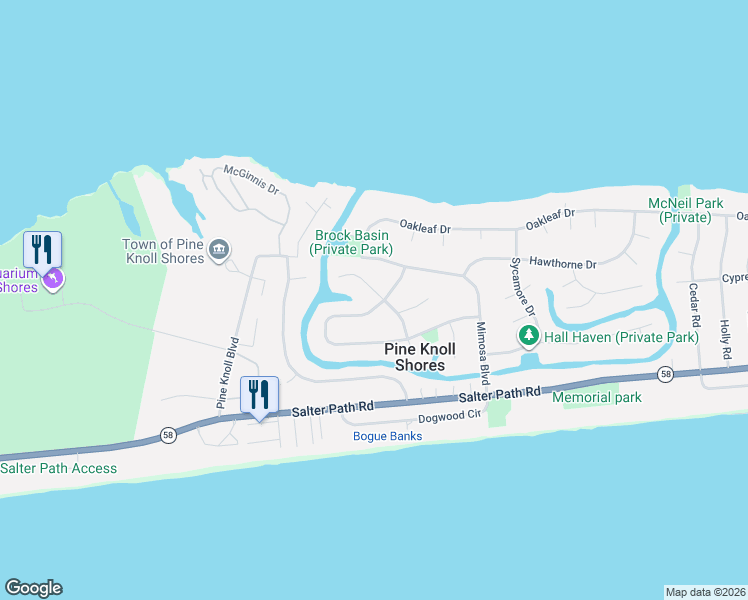 map of restaurants, bars, coffee shops, grocery stores, and more near 177 Loblolly Drive in Pine Knoll Shores