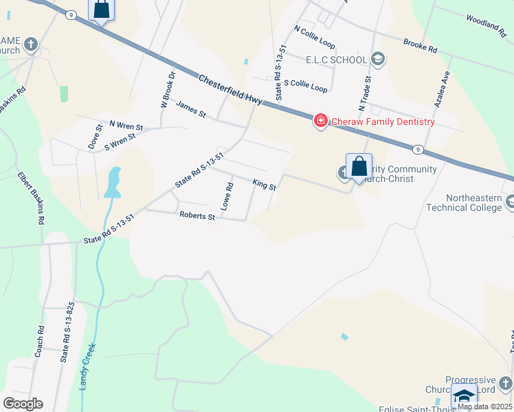 map of restaurants, bars, coffee shops, grocery stores, and more near 63 Hunt Street in Cheraw