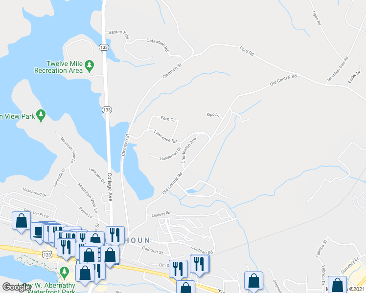map of restaurants, bars, coffee shops, grocery stores, and more near 116 Henderson Drive in Clemson