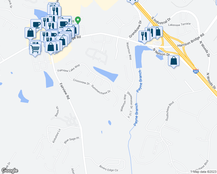 map of restaurants, bars, coffee shops, grocery stores, and more near 510 Fairview Lake Way in Simpsonville