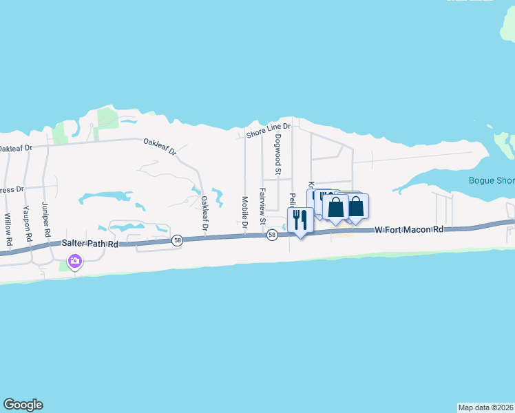 map of restaurants, bars, coffee shops, grocery stores, and more near 201 Fairview Street in Atlantic Beach