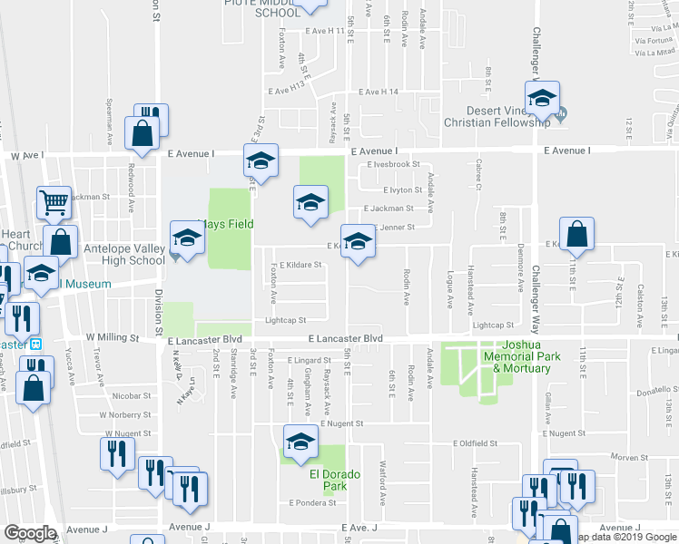 map of restaurants, bars, coffee shops, grocery stores, and more near 44929 5th Street East in Lancaster