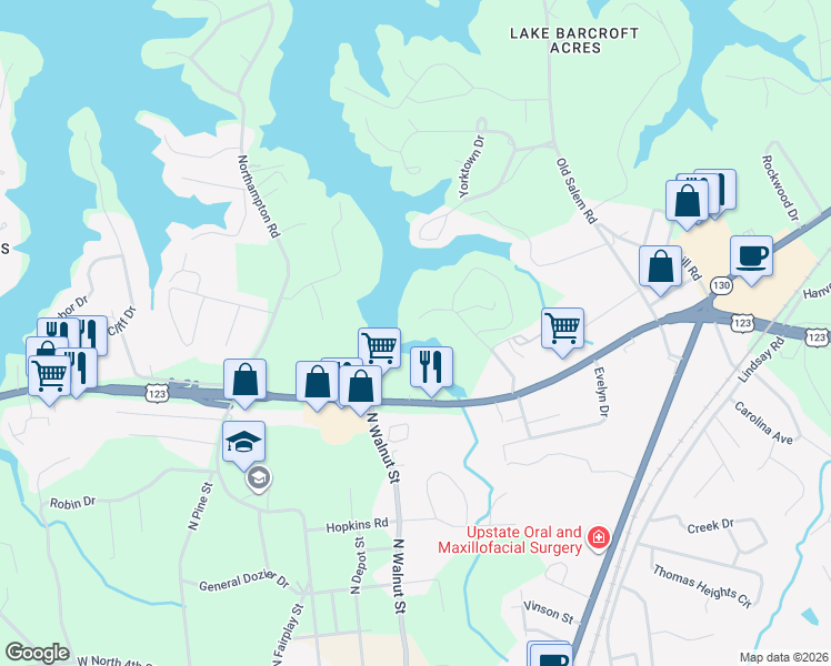 map of restaurants, bars, coffee shops, grocery stores, and more near 515 Inlet Drive in Seneca