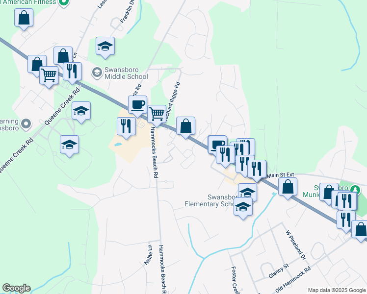 map of restaurants, bars, coffee shops, grocery stores, and more near 28 Outrigger Drive in Swansboro