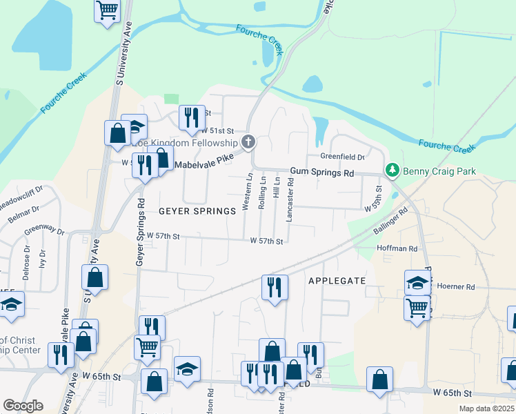 map of restaurants, bars, coffee shops, grocery stores, and more near 9 Rolling Lane in Little Rock