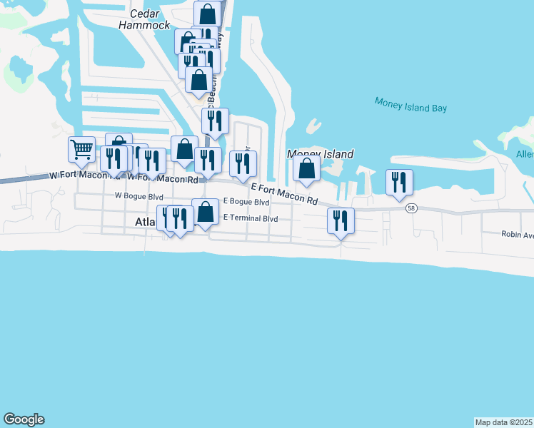 map of restaurants, bars, coffee shops, grocery stores, and more near 213 East Terminal Boulevard in Atlantic Beach