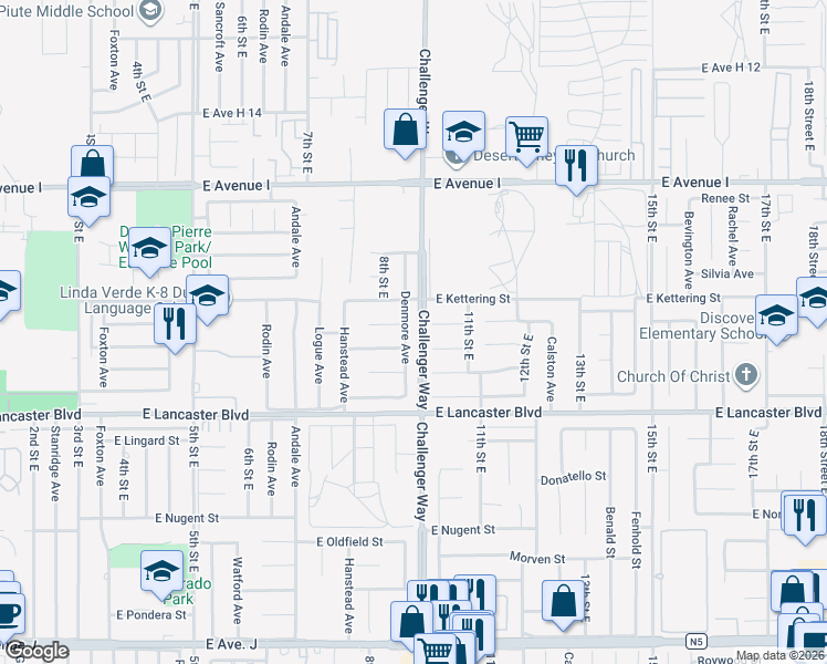 map of restaurants, bars, coffee shops, grocery stores, and more near 44916 Denmore Avenue in Lancaster