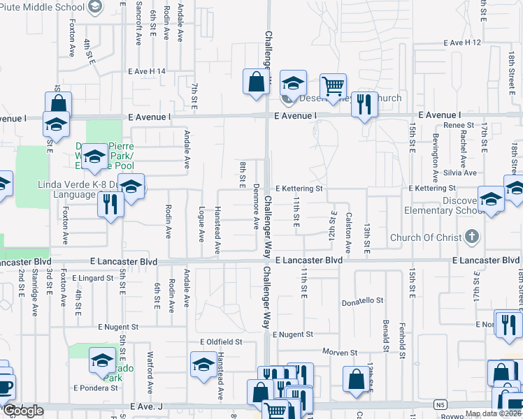 map of restaurants, bars, coffee shops, grocery stores, and more near 44916 Denmore Avenue in Lancaster