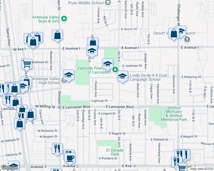 map of restaurants, bars, coffee shops, grocery stores, and more near 416 East Kildare Street in Lancaster