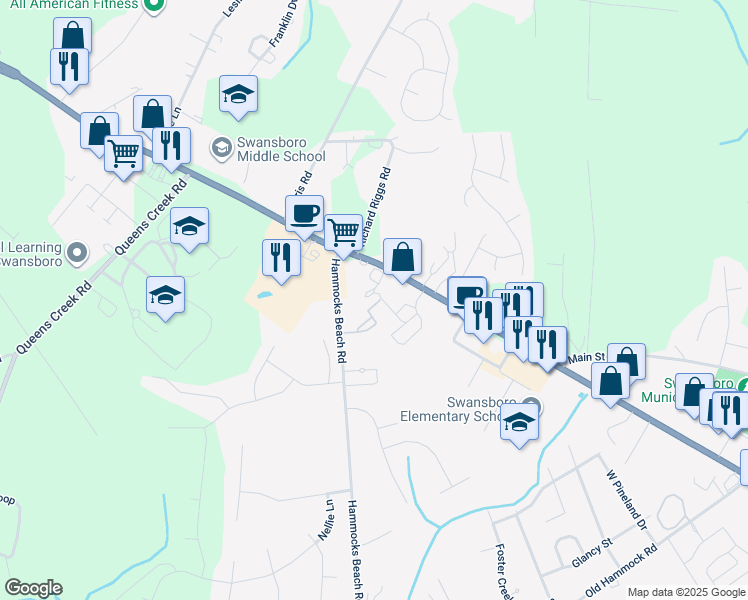 map of restaurants, bars, coffee shops, grocery stores, and more near 29 Outrigger Drive in Swansboro
