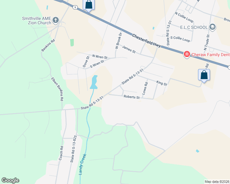 map of restaurants, bars, coffee shops, grocery stores, and more near 511 Bridlewood Road in Cheraw