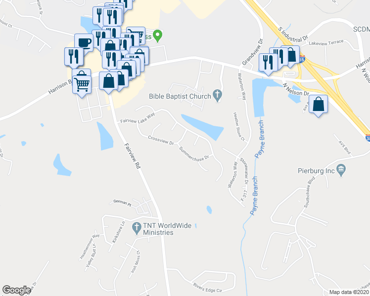 map of restaurants, bars, coffee shops, grocery stores, and more near 116 Summerchase Drive in Simpsonville