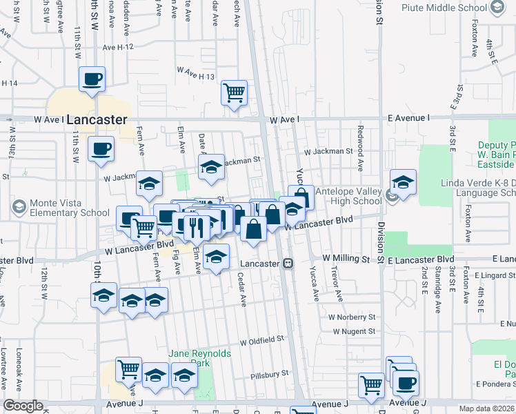 map of restaurants, bars, coffee shops, grocery stores, and more near 44936 Beech Avenue in Lancaster