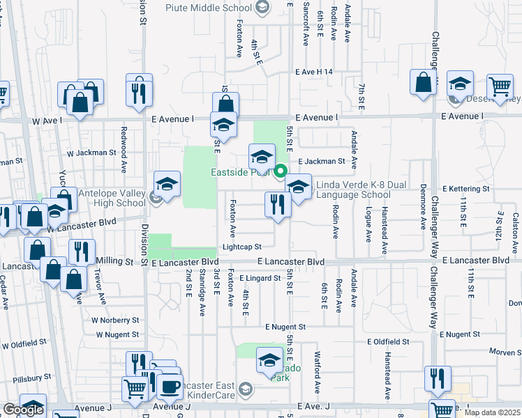 map of restaurants, bars, coffee shops, grocery stores, and more near 416 East Kildare Street in Lancaster