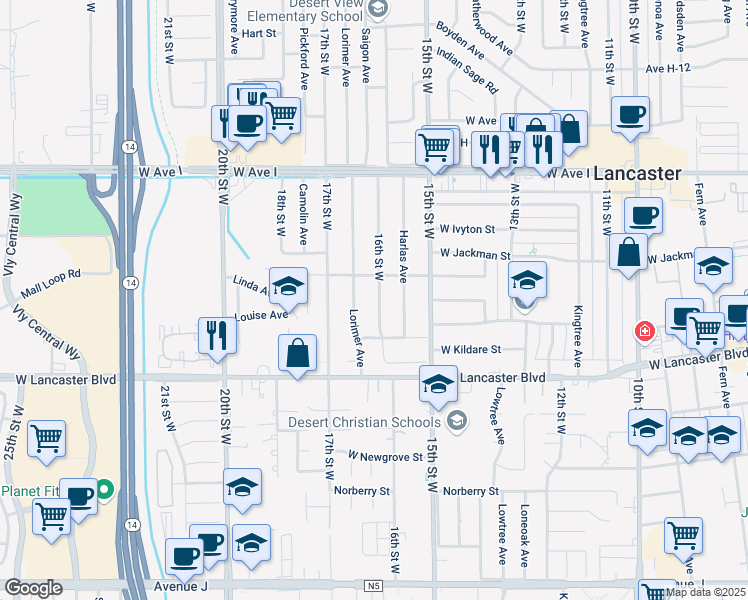 map of restaurants, bars, coffee shops, grocery stores, and more near 44933 16th Street West in Lancaster