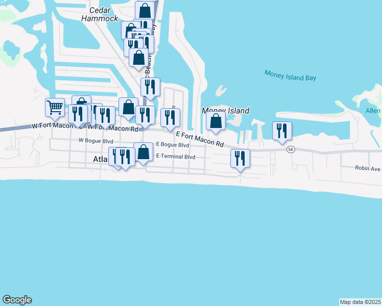 map of restaurants, bars, coffee shops, grocery stores, and more near 205 South Greenville Avenue in Atlantic Beach