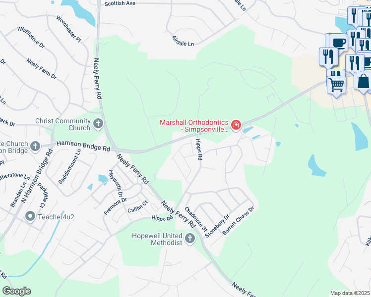 map of restaurants, bars, coffee shops, grocery stores, and more near 605 Harrison Bridge Road in Simpsonville