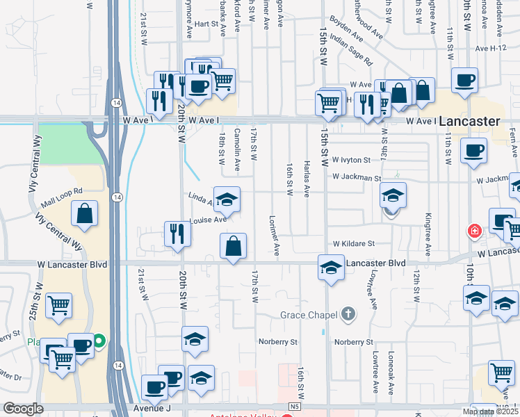 map of restaurants, bars, coffee shops, grocery stores, and more near 44934 17th Street West in Lancaster