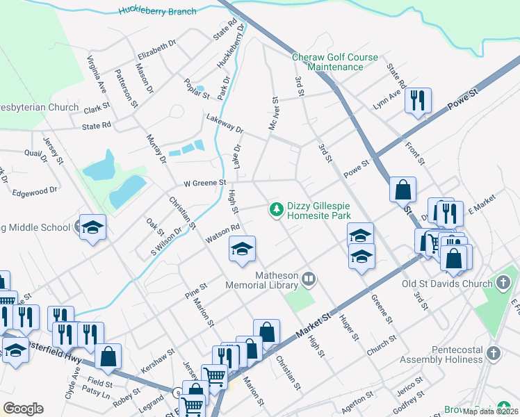 map of restaurants, bars, coffee shops, grocery stores, and more near 301 Little Street in Cheraw
