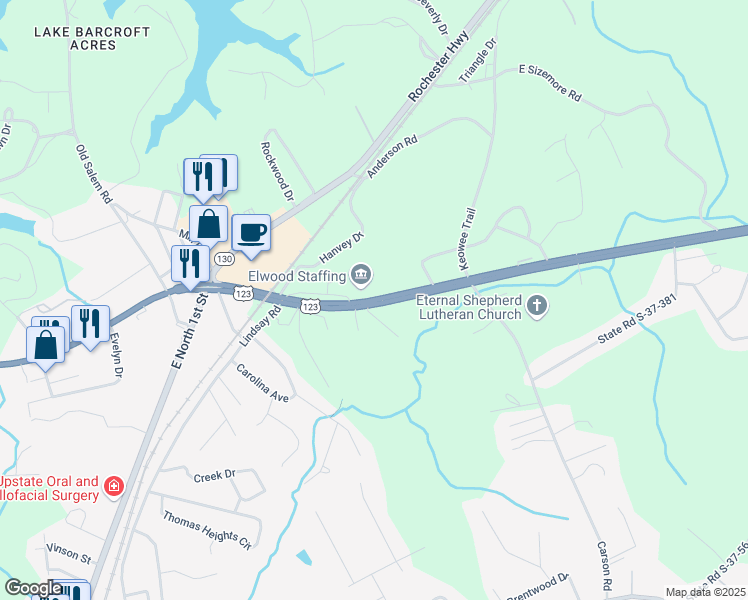 map of restaurants, bars, coffee shops, grocery stores, and more near Highway 28 South in Seneca