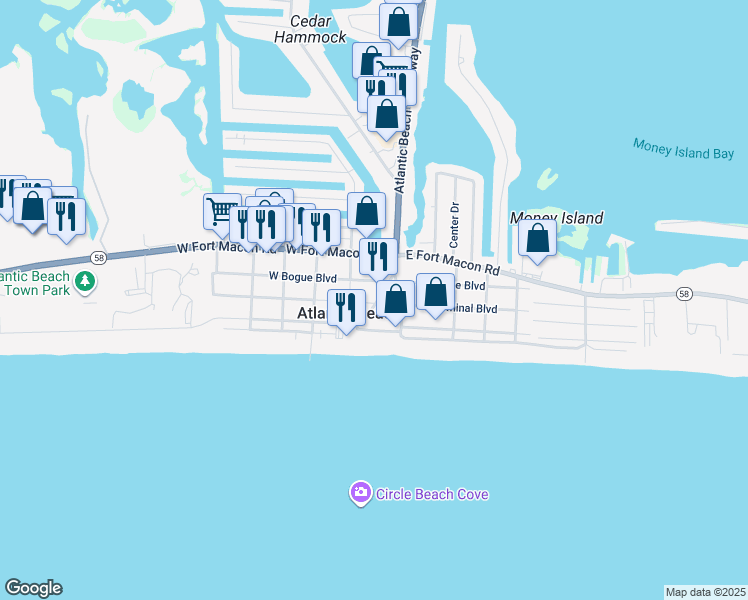map of restaurants, bars, coffee shops, grocery stores, and more near 118 West Drive in Atlantic Beach