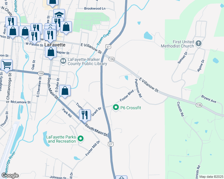 map of restaurants, bars, coffee shops, grocery stores, and more near 127 Foster Circle in LaFayette