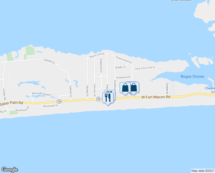 map of restaurants, bars, coffee shops, grocery stores, and more near 273 Salter Path Road in Pine Knoll Shores