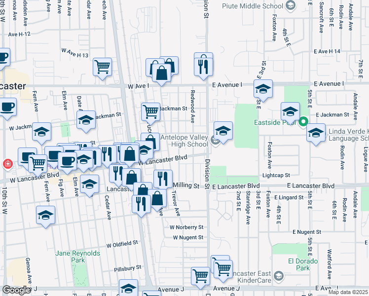 map of restaurants, bars, coffee shops, grocery stores, and more near 218 West Kildare Street in Lancaster