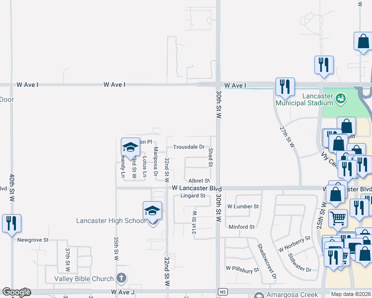 map of restaurants, bars, coffee shops, grocery stores, and more near 3116 Trousdale Drive in Lancaster