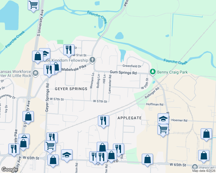 map of restaurants, bars, coffee shops, grocery stores, and more near 82 Lancaster Road in Little Rock