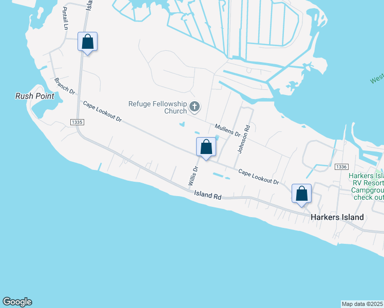 map of restaurants, bars, coffee shops, grocery stores, and more near State Road 1337 in Harkers Island