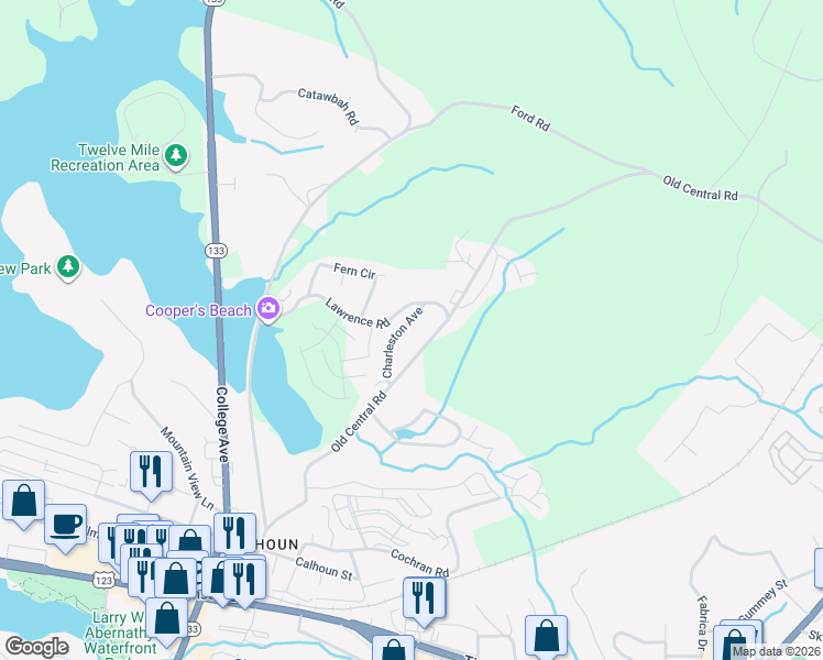 map of restaurants, bars, coffee shops, grocery stores, and more near 224 Charleston Avenue in Clemson