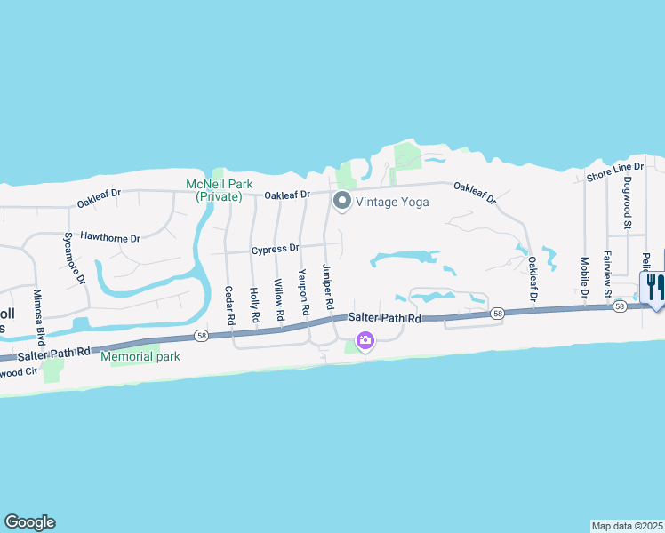 map of restaurants, bars, coffee shops, grocery stores, and more near 118 Juniper Road in Pine Knoll Shores