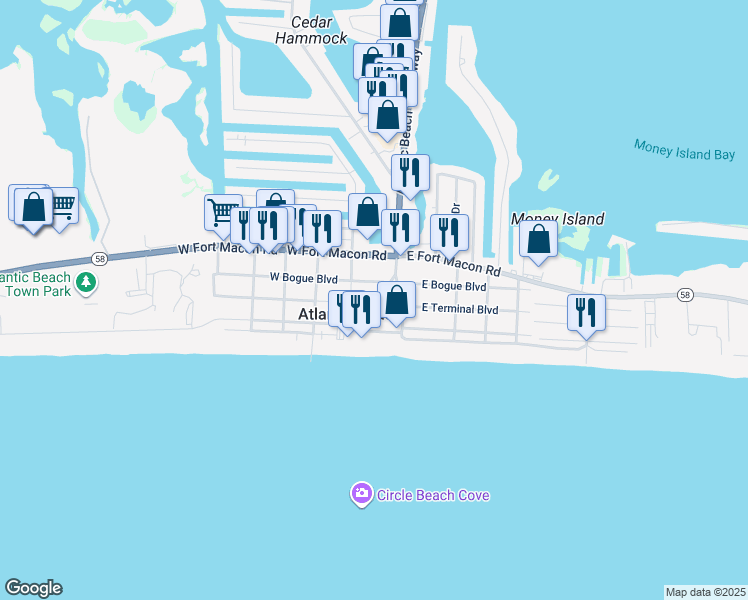 map of restaurants, bars, coffee shops, grocery stores, and more near 118 West Drive in Atlantic Beach