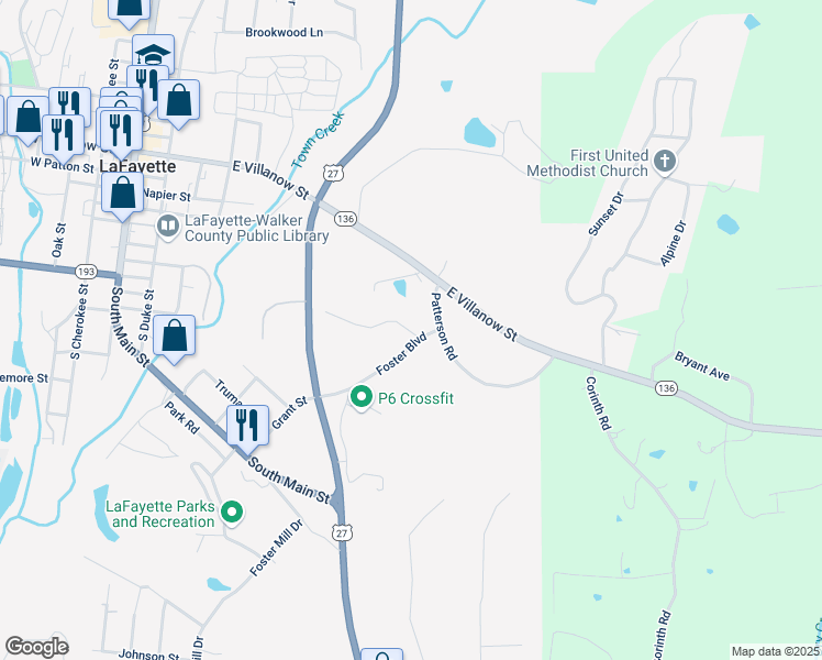 map of restaurants, bars, coffee shops, grocery stores, and more near 117 Foster Circle in LaFayette