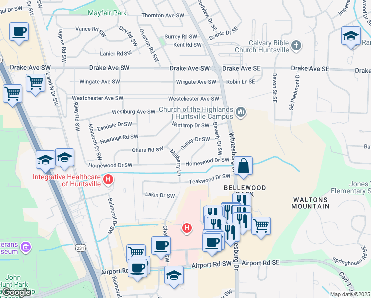 map of restaurants, bars, coffee shops, grocery stores, and more near 309 Quincy Drive Southwest in Huntsville