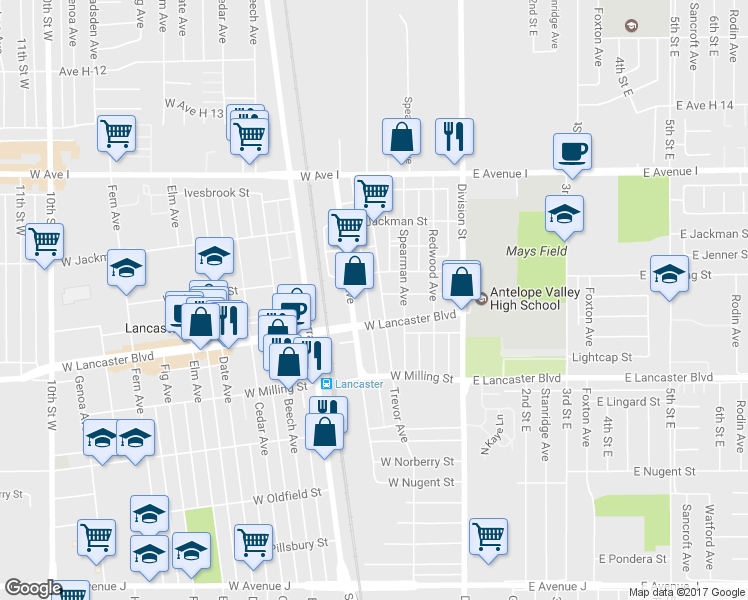 map of restaurants, bars, coffee shops, grocery stores, and more near 44923 Trevor Avenue in Lancaster