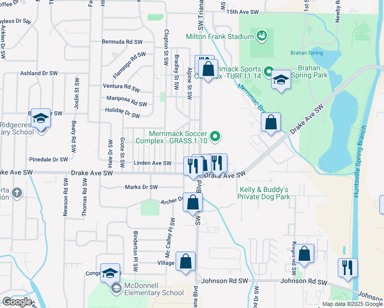 map of restaurants, bars, coffee shops, grocery stores, and more near 3611 Alpine Street Southwest in Huntsville