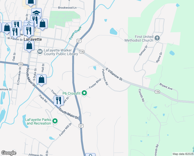 map of restaurants, bars, coffee shops, grocery stores, and more near 119 Foster Circle in LaFayette
