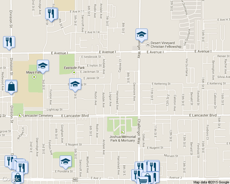 map of restaurants, bars, coffee shops, grocery stores, and more near 44921 Hanstead Avenue in Lancaster