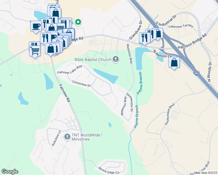 map of restaurants, bars, coffee shops, grocery stores, and more near 508 Fairview Lake Way in Simpsonville