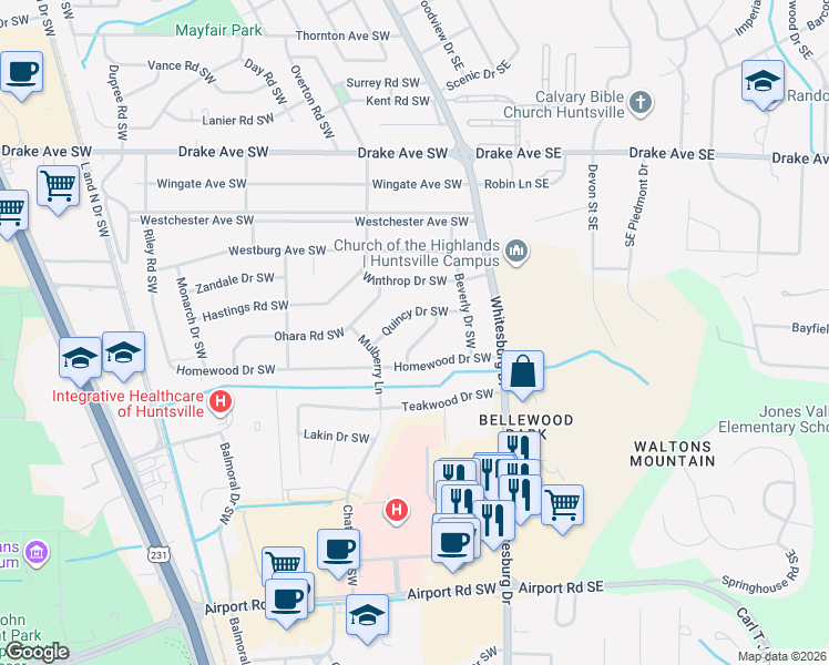 map of restaurants, bars, coffee shops, grocery stores, and more near 309 Quincy Drive Southwest in Huntsville