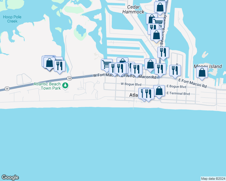 map of restaurants, bars, coffee shops, grocery stores, and more near 517 West Terminal Boulevard in Atlantic Beach