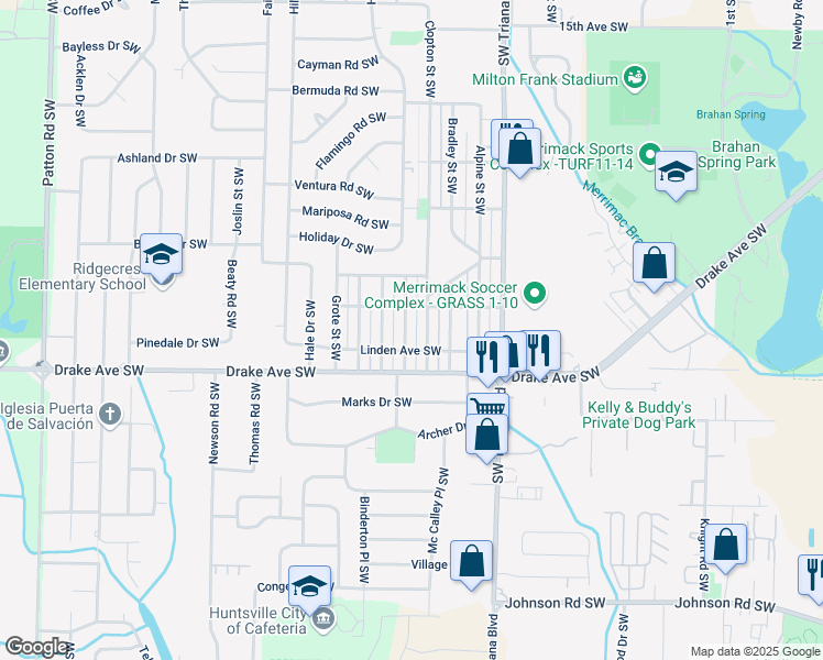 map of restaurants, bars, coffee shops, grocery stores, and more near 3611 Dubose Street Southwest in Huntsville