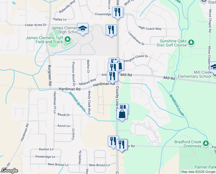 map of restaurants, bars, coffee shops, grocery stores, and more near 30682-30900 Hardiman Road in Madison