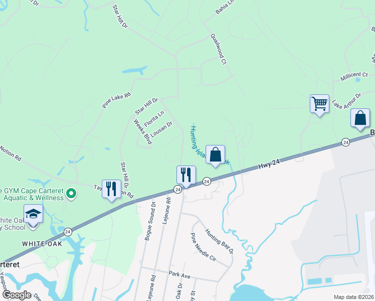 map of restaurants, bars, coffee shops, grocery stores, and more near 174 Fox Drive in Cape Carteret