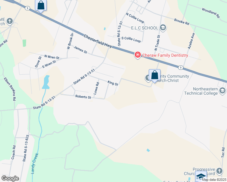 map of restaurants, bars, coffee shops, grocery stores, and more near 63 Hunt Road in Cheraw